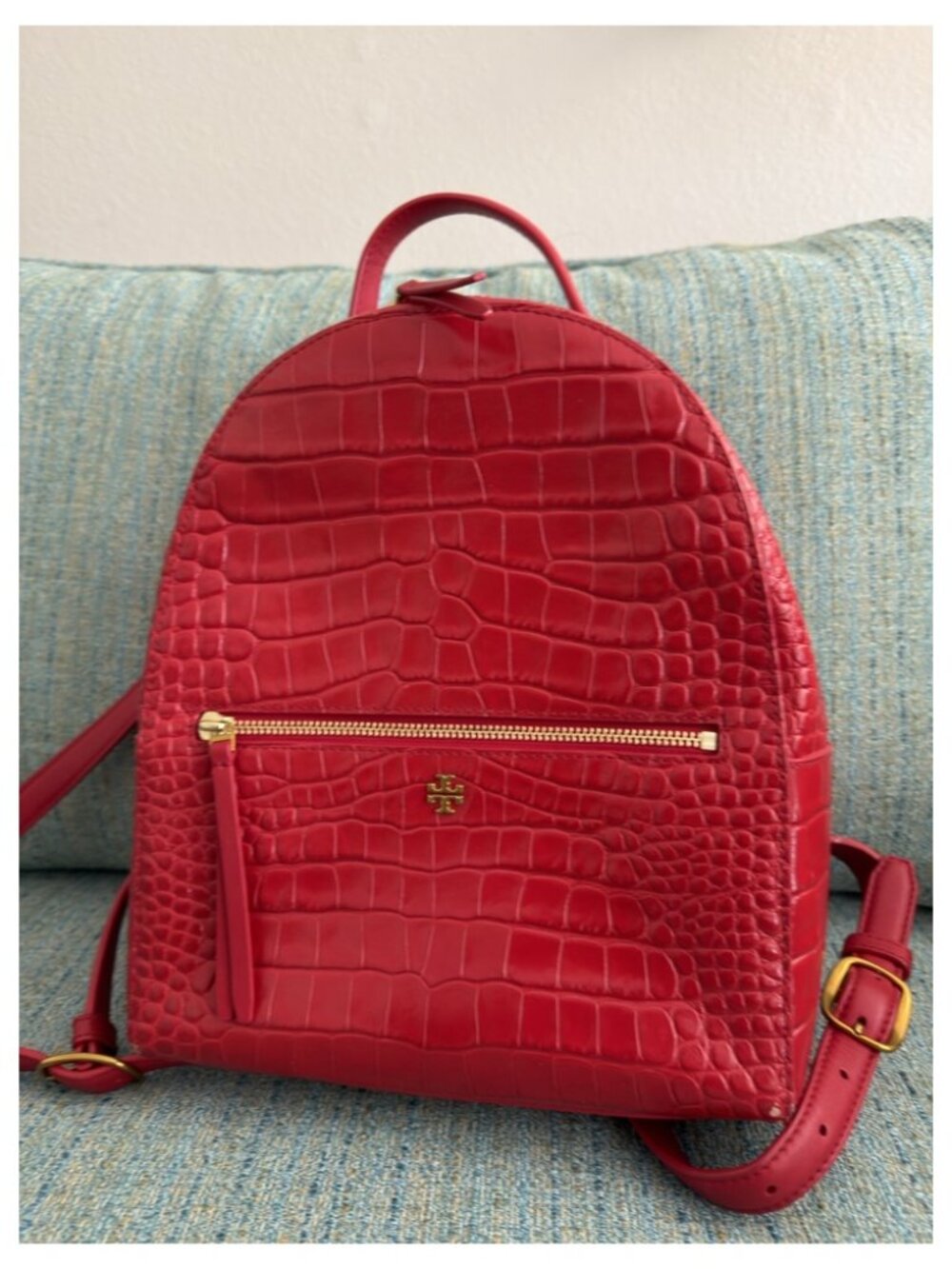 Tory Burch Red Croc-Embossed Leather Backpack
